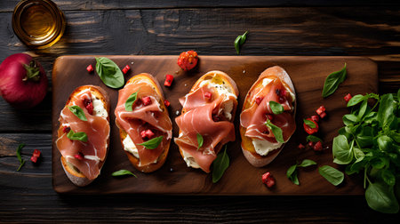 Bruschetta with prosciutto, parma ham and basil on wooden boardの素材