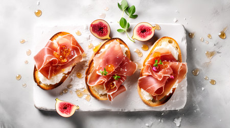 Bruschetta with prosciutto, mozzarella cheese and figs, top viewの素材