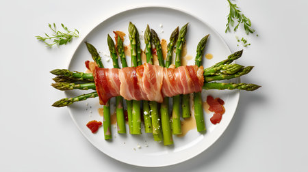 Asparagus wrapped in bacon on a white plate, top viewの素材
