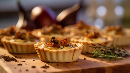 Mini tartlets with cheese and herbs on a wooden board. Selective focus.の素材