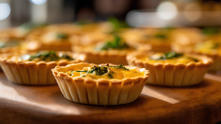 Tartlets with cheese and spinach on a wooden board in a restaurantの素材