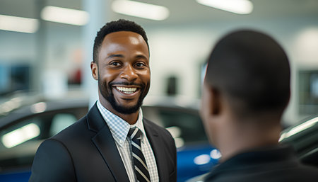 Smiling African-American businessman talking to customer in car showroomの素材