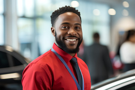 smiling african american man in red shirt and tie at car showroomの素材