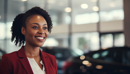 Portrait of a smiling young businesswoman standing in a car showroomの素材