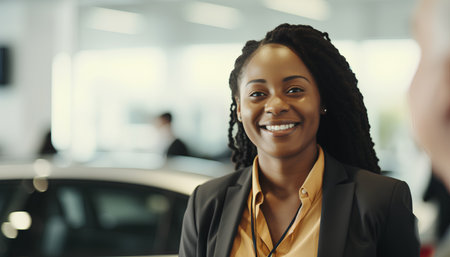 Smiling african american businesswoman standing in car showroomの素材