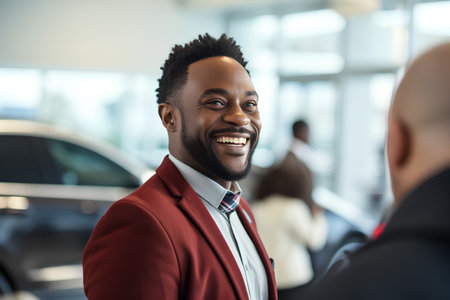 smiling african american man looking at dealer in car showroomの素材