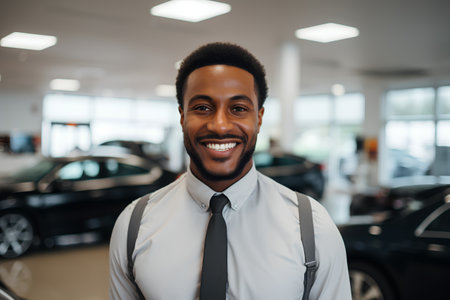 Portrait of smiling african american man standing in car showroomの素材