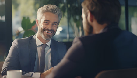 Smiling businessman talking with his colleague in a coffee shop. Successful business people at work.の素材
