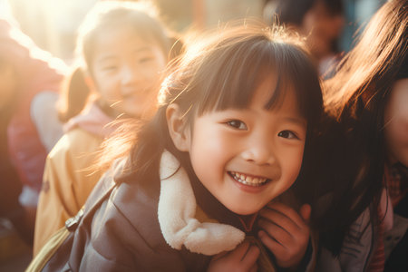 Happy asian child girl smiling and looking at camera with friends in the backgroundの素材