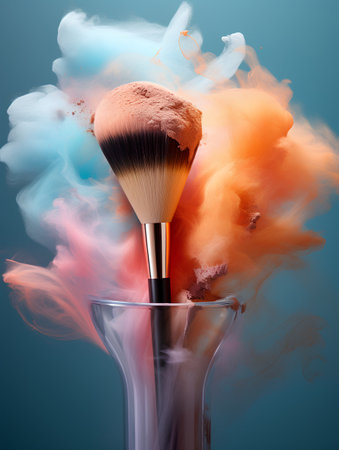 Makeup brushes in a vase with colorful smoke on a blue backgroundの素材