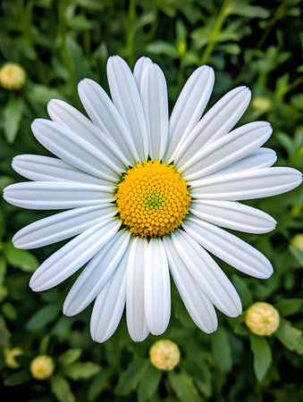 White daisy flower with yellow center on green grass background in the gardenの素材