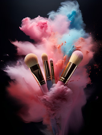 Makeup brushes in colorful smoke isolated on black background. 3d renderingの素材