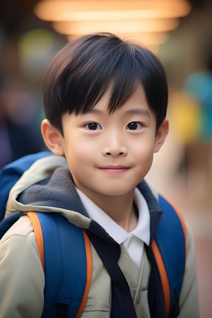 Portrait of asian boy with backpack and looking at camera in the cityの素材