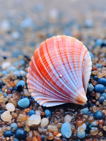 Sea shell on the sand. Shallow depth of field. Selective focus.の素材
