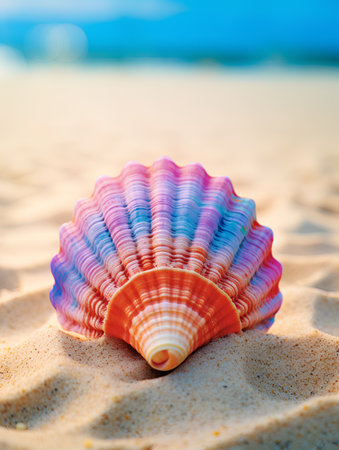 Colorful seashell on the sandy beach. Summer vacation concept.の素材