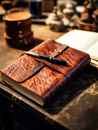 Leather notebook and pen on the wooden table. Vintage style.の素材