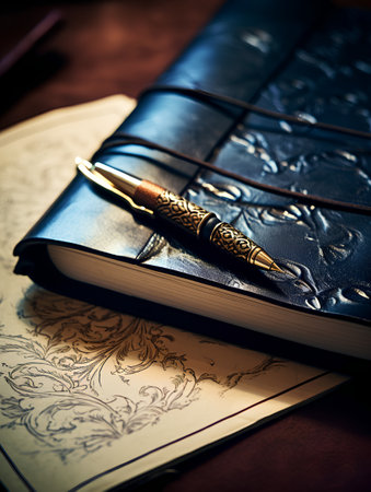 Old fountain pen and diary on wooden table. Shallow depth of field. Toned.の素材