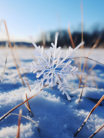 Beautiful snowflake on the snow in the winter forest. Christmas backgroundの素材