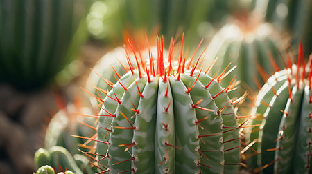 Close up of cactus with red flower in botanic garden.の素材