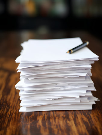 Stack of white paper with pen on wooden table in coffee shop.の素材