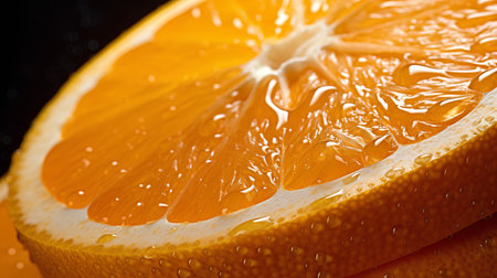 Close-up of a slice of orange with water drops on it.の素材