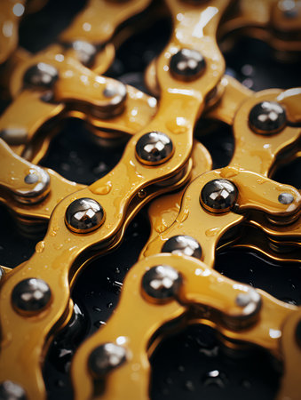 Close-up of yellow bicycle chain with water drops. Selective focus.の素材