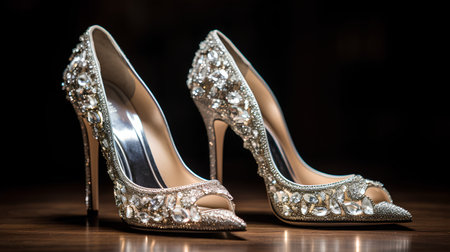 Women's high-heeled shoes with rhinestones on a dark backgroundの素材