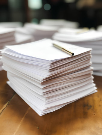 Pile of business documents on wooden table. Selective focus.の素材