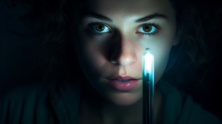 Portrait of a young woman with a magic wand on a dark backgroundの素材