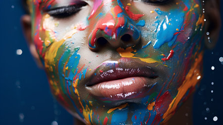 Closeup portrait of beautiful young woman with multicolored makeup.の素材