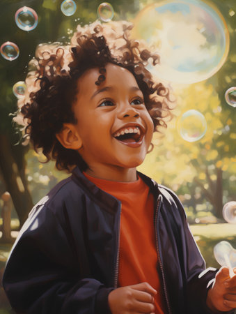 African american little boy playing with soap bubbles in the park.の素材