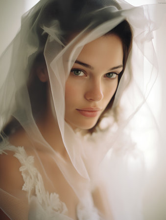 Portrait of beautiful bride in white wedding dress with veil indoors.の素材