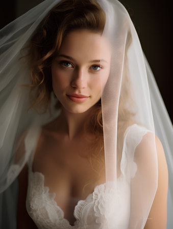 Portrait of beautiful bride in white wedding dress with veil indoors.の素材