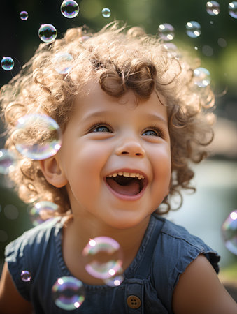 Portrait of a happy child with soap bubbles in the park.の素材