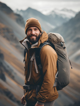 Handsome bearded man with a backpack on the background of mountainsの素材