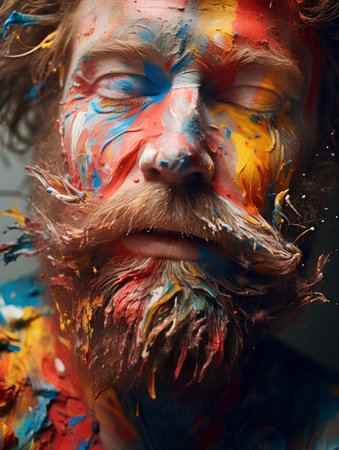 close-up portrait of a man with a painted face and multicolored paintの素材