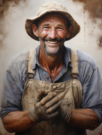 Portrait of an old farmer with hat and gloves smiling at the cameraの素材