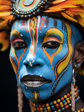 Close-up portrait of a beautiful african woman with painted faceの素材