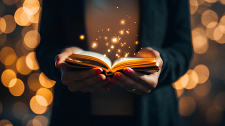Close up of woman hands holding book with magic bokeh backgroundの素材