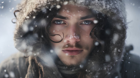 Portrait of a handsome young man in winter clothes. Snowfall.の素材