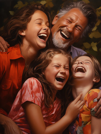 Happy family. Father, mother, son and daughter laughing together.の素材