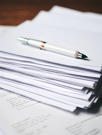 Close up of a stack of papers with a pen on top.の素材
