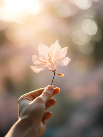 Female hand holding a beautiful flower on blurred nature background with sunlight.の素材