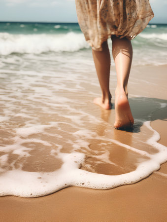 Legs of a young woman walking on the beach in summer.の素材