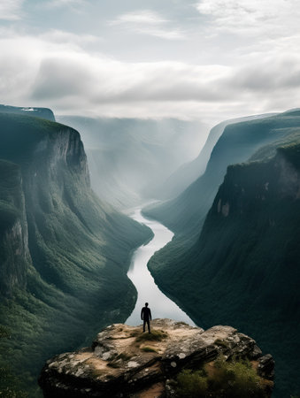 Man standing on the edge of a cliff and looking at the riverの素材