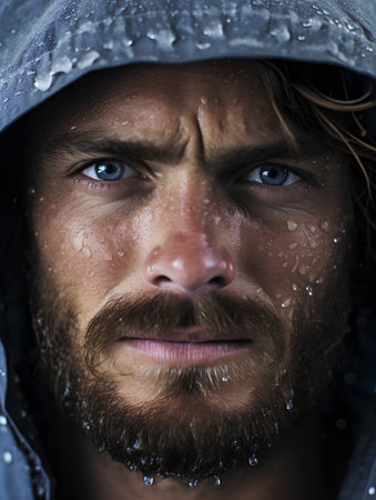 Portrait of a man with a beard in a raincoat.の素材