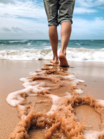 Woman walking on the beach with footprints in the sand. Close upの素材