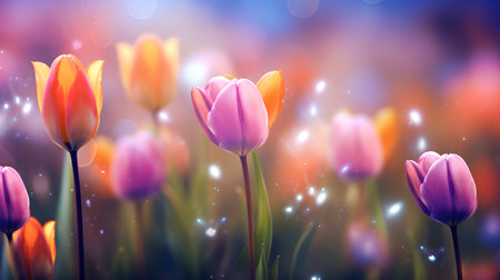 Tulip flowers in the meadow. Floral background.の素材