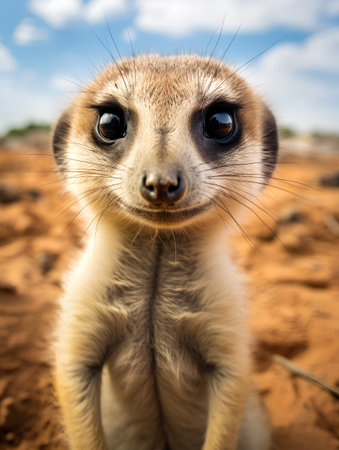Cute meerkat standing on the sand and looking at cameraの素材