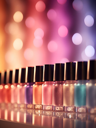 Nail polish bottles on colorful bokeh background, close upの素材